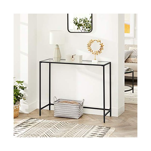 Konsolbord, m. 1 hylde - h�rdet glas og sort st�l (100x35)