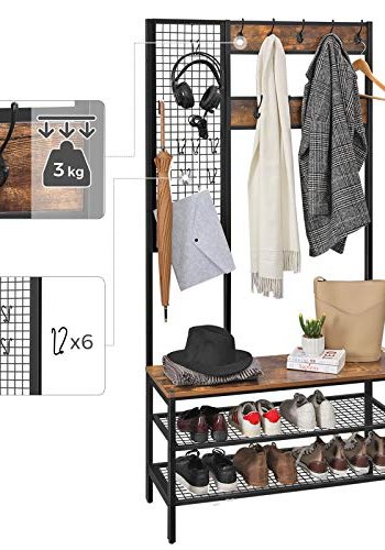 VASAGLE entropstilling, m. meshvg, 15 kroge, 3 hylder - brun spnplade og sort stl