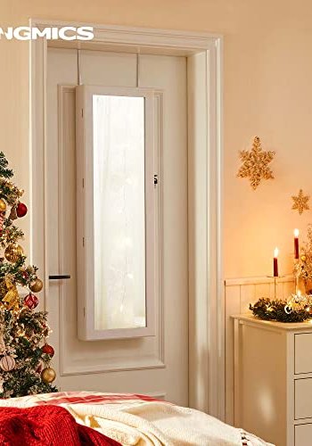 SONGMICS smykkeskap for vegg, lsbart, med speil og forskjellige rom - flyel og hvit MDF