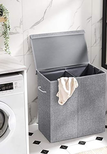 SONGMICS vasketjskurv, m. 2 rum, magnetisk lg, hndtag, foldbar, aftagelig for - gr linned/bomuld