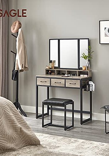 VASAGLE Schminktisch, dreifach klappbarer Spiegel, 3 Schubladen, 4 Fächer, Hocker – graue Spanplatte, schwarzer Stahl (90 x 40)