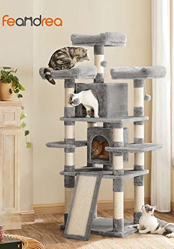 FEANDREA stor skrapestolpe, 5 niver, 3 plattformer, 2 huler, 3 pom-poms - lys gr plysj