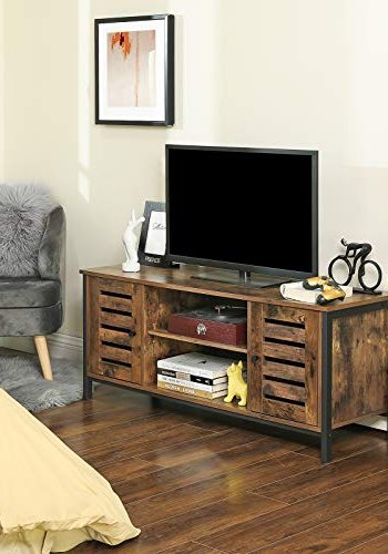 VASAGLE TV-Ständer, mit 2 Lamellentüren und 1 Regal – rustikale braune Spanplatte und schwarzer Stahl (110 x 40)