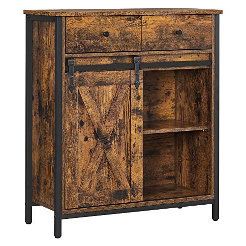 VASAGLE Sideboard, mit 1 Schiebetür, 2 verstellbaren Einlegeböden, 1 Schublade – rustikale braune Spanplatte und schwarzer Stahl