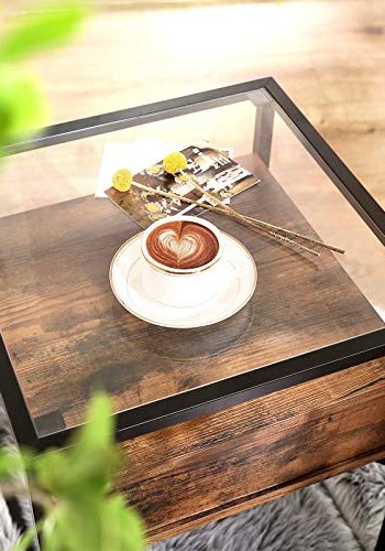 VASAGLE Beistelltisch, mit Ablage und Schublade – Klarglas, rustikale braune Spanplatte und schwarzes Eisen (43x43)