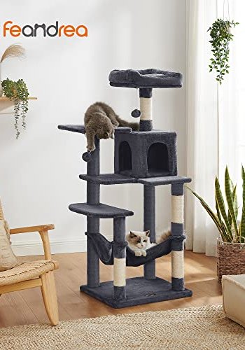 FEANDREA skrapetre, m. 5 niver, topplater, hi og hengekye - rykgr plysj, sisal og sponplater