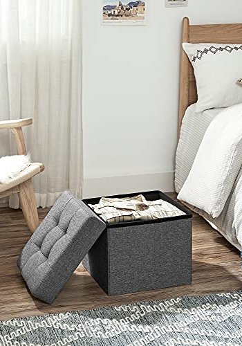 SONGMICS Sammenleggbar oppbevaring ottoman krakk fotsttte og tekstil lin mrkegr 38 x 38 x 38 cm lsf27z