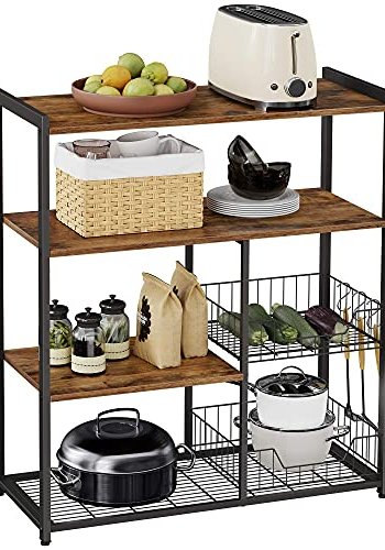VASAGLE kkkenreol, m. 6 kroge, 2 metaltrdkurve og 4 hylder - rustik brun spnplade og sort stl