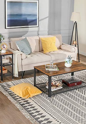 VASAGLE Beistelltisch, m. 2 Gitterablagen, rechteckig – rustikale braune Spanplatte und schwarzer Stahl (60x30)