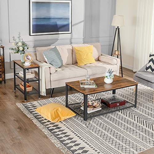 VASAGLE Beistelltisch, m. 2 Gitterablagen, rechteckig – rustikale braune Spanplatte und schwarzer Stahl (60x30)