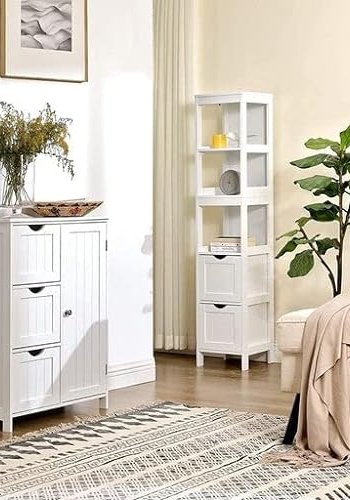 VASAGLE baderomsskap, m. 3 pne rom og 2 skuffer - hvit MDF