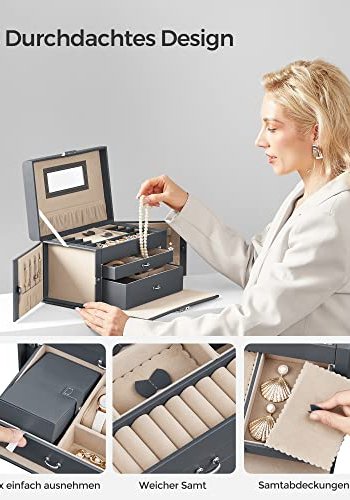 SONGMICS smykkeskrin, lsbar, m. 3 lag, reiseveske, 2 skuffer, speil - gr PU