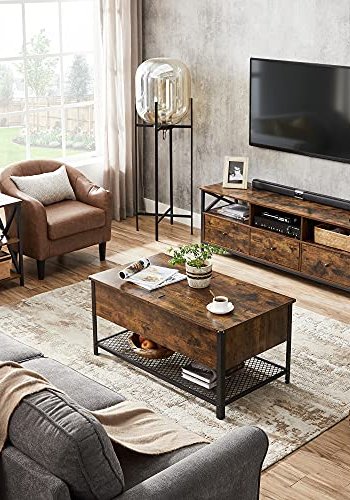 VASAGLE salongbord, med hengslet lokk og nettinglokk - rustikk brun sponplate og sort stl (100x55)