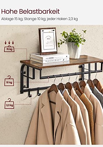 VASAGLE Hutablage, mit 5 Haken und 1 Kleiderstange – braune Spanplatte und schwarzer Stahl