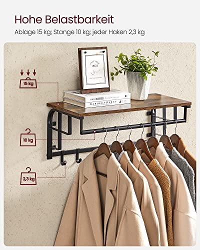 VASAGLE Hutablage, mit 5 Haken und 1 Kleiderstange – braune Spanplatte und schwarzer Stahl