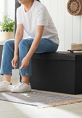 SONGMICS puff, rektangulr, sammenleggbar, med lagringsplass - svart kunstskinn (76x38)