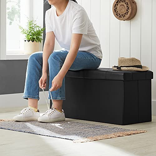 SONGMICS puff, rektangulr, sammenleggbar, med lagringsplass - svart kunstskinn (76x38)