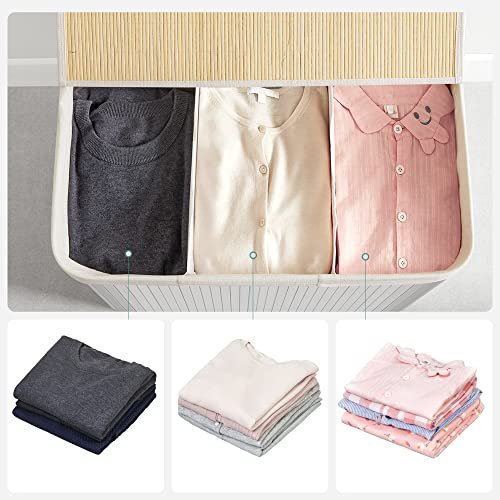 SONGMICS vasketjskurv, m. 3 sektioner, clip-on lg og hndtag - hvid bomuld og hvid bambus