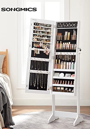 SONGMICS smykkeskap, lsbart, med speil, 2 plastoppbevaring for kosmetikk - speilglass og hvit MDF