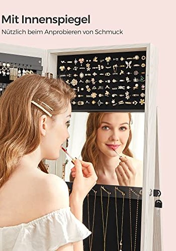 SONGMICS smykkeskap, 360° roterbart, m. speil, hyller, 3-i-1 lsbar - hvit med graktig trekorn MDF