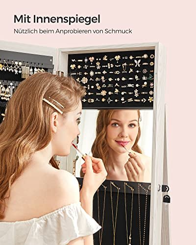 SONGMICS smykkeskap, 360° roterbart, m. speil, hyller, 3-i-1 lsbar - hvit med graktig trekorn MDF