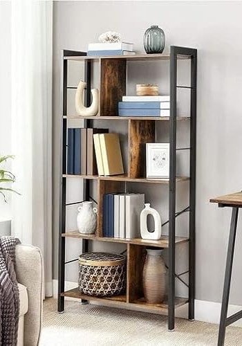 VASAGLE bokhylle, m. 4 hyller - rustikk brun sponplate og sort stl