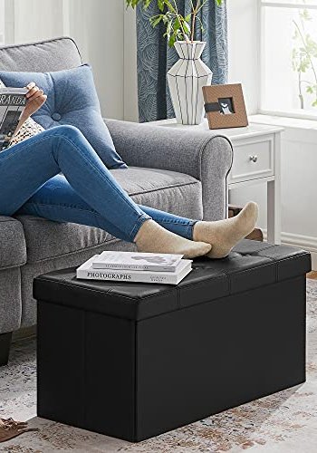 SONGMICS puff, rektangulr, sammenleggbar, med lagringsplass - svart kunstskinn (76x38)