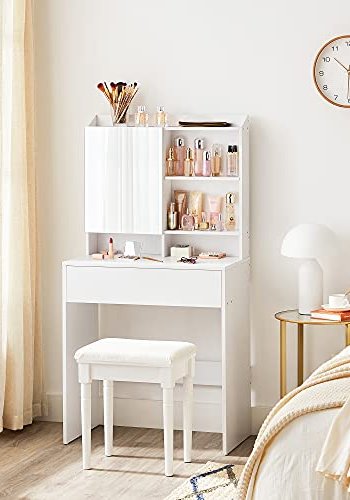 VASAGLE Schminktisch, mit Spiegel, 1 Schublade und 2 Ablagen – Spiegelglas und weiße Spanplatte (70x40)