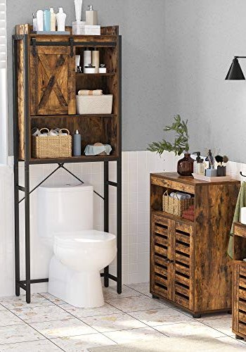 VASAGLE Badezimmer-Hängeschrank für Waschmaschine/WC, mit 1 Schiebetür, 4 Einlegeböden – braune Spanplatte/Stahl