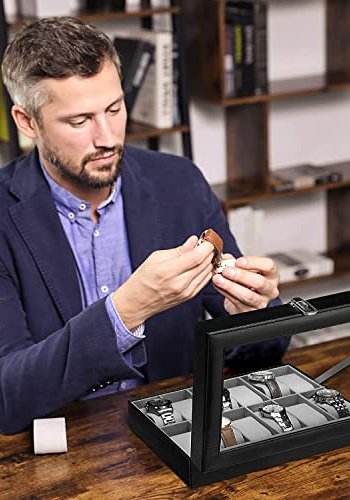 SONGMICS klokkeboks, m. 12 rom, glasslokk, avtakbare klokkeputer, metallls - grtt fôr og sort kunstskinn