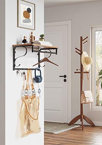 VASAGLE hattehylle, m. 5 kroker og 1 hengerstang - brun sponplate og sort stl