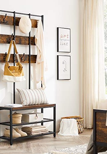 VASAGLE inngangsarrangement, m. 8 doble kroker, 1 sete og 2 nettinghyller - brun sponplate og sort stl