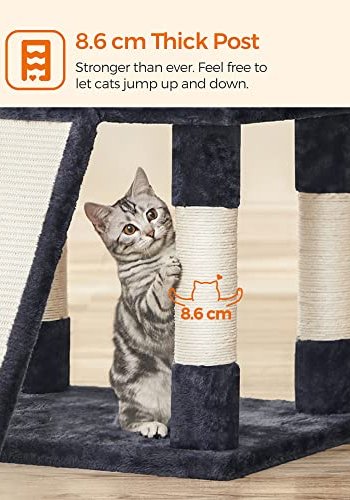 FEANDREA stor skrapestolpe, 5 niver, 3 plattformer, 2 huler, 3 pom-poms - rykgr plysj