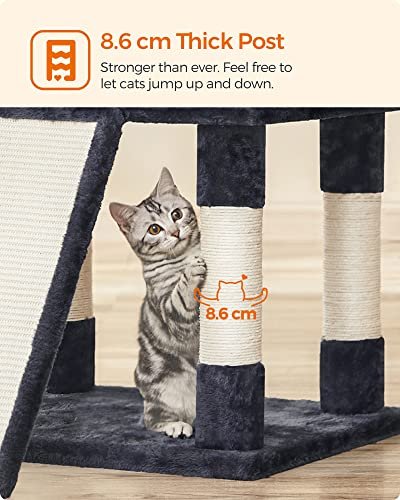 FEANDREA stor skrapestolpe, 5 niver, 3 plattformer, 2 huler, 3 pom-poms - rykgr plysj