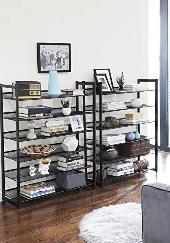 SONGMICS 12-lags skostativ, sett med 2 stablebare 6-lags skostativ, 48-60 par sko, stor kapasitet, metallnettskostativ, justerbare flate eller vinklede hyller, svart LMR12B