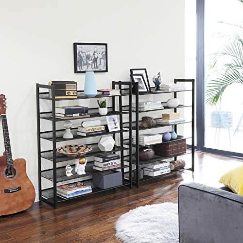 SONGMICS 12-lags skostativ, sett med 2 stablebare 6-lags skostativ, 48-60 par sko, stor kapasitet, metallnettskostativ, justerbare flate eller vinklede hyller, svart LMR12B