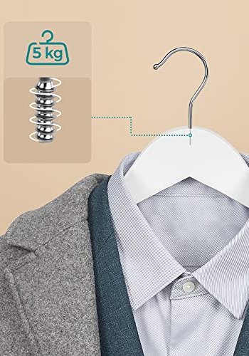 SONGMICS kleshenger med skulderhakk, sklisikker samlestang, 360° roterbar krok - hvitt tre (sett med 20)
