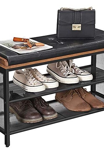 VASAGLE skohylle, m. 2 mesh hyller - vintage svart kunstskinn, brun sponplate og svart stl