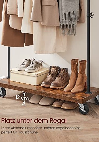 VASAGLE klesstativ, m. 1 hylle og hjul - brun sponplate og sort stl