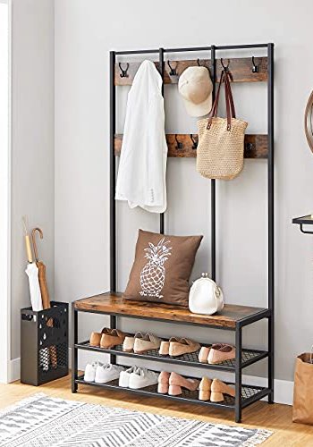 VASAGLE inngangsarrangement, m. 12 kroker, 3 hyller - brun sponplate og sort stl