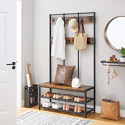 VASAGLE inngangsarrangement, m. 12 kroker, 3 hyller - brun sponplate og sort stl