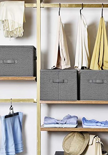 SONGMICS oppbevaringsboks, sammenleggbar, med lokk og hndtak - grtt stoff (sett med 3)