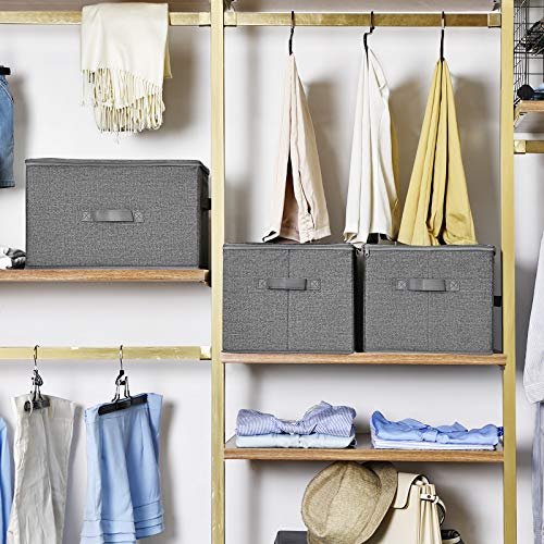 SONGMICS oppbevaringsboks, sammenleggbar, med lokk og hndtak - grtt stoff (sett med 3)