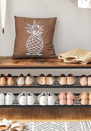 VASAGLE inngangsarrangement, m. 9 kroker, 1 hengestang, 3 hyller - brun sponplate og sort stl