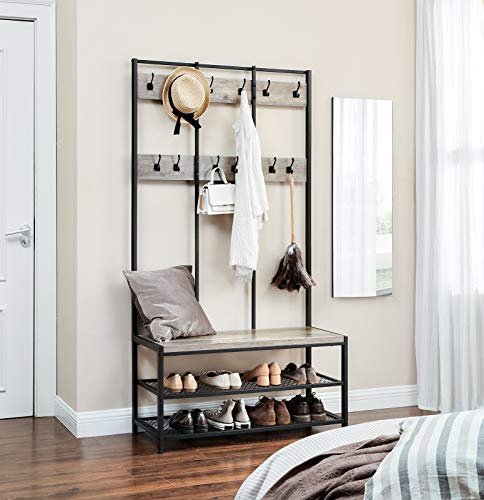 VASAGLE inngangsarrangement, m. 12 kroker, 3 hyller - greige sponplater og sort stl