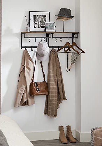 VASAGLE Hutablage, mit Kleiderstange und 8 abnehmbaren Haken – rustikale braune Spanplatte und schwarzer Stahl