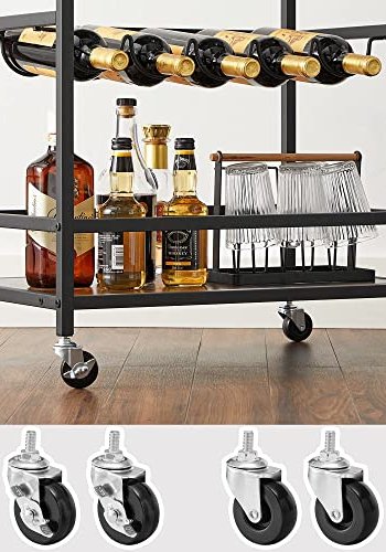 VASAGLE rullebord, hylle, holder for glass og flasker - rustikk brun sponplate og sort stl (60x40)