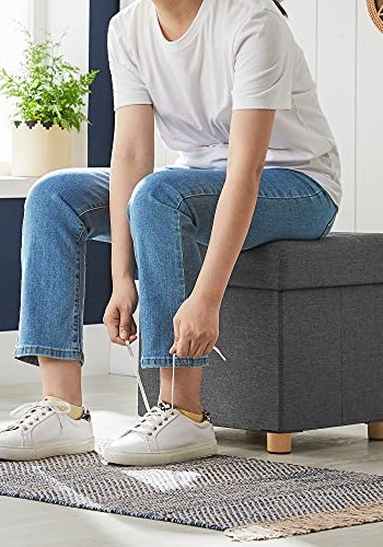 SONGMICS puff, sammenleggbar, med lokk - mrkegr imitert lin og naturlig tre (38x38)