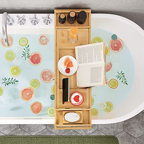 SONGMICS Badewannentablett, ausziehbar, mit Getränkehalter, Buchstütze, Seifenhalter – Bambus natur