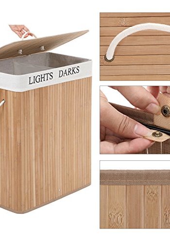 SONGMICS skittentyskurv, sammenleggbar, m. 1 lokk, 2 rom, avtagbar vaskepose - bomull og naturlig bambus